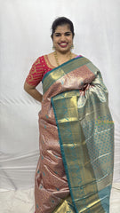 Vriksham Pastel Pink Saree Minakari Work With Contrast Teal Temple Zari Kanchi Silk Saree-VS4747
