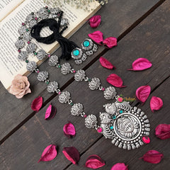 Vriksham Oxidized Silver Yakshagana Motif & Green Dot Peacock Detailing With Black Thread Neckpiece-S979