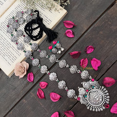 Vriksham Oxidized Silver Yakshagana Motif & Green Red Dot Peacock Detailing With Black Thread Neckpiece-S980