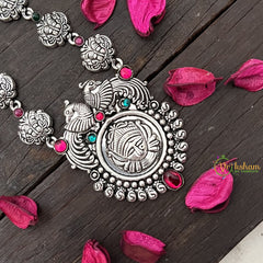 Vriksham Oxidized Silver Yakshagana Motif & Green Red Dot Peacock Detailing With Black Thread Neckpiece-S980
