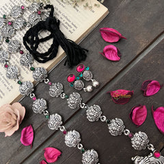 Vriksham Oxidized Silver Yakshagana Motif & Green Red Dot Peacock Detailing With Black Thread Neckpiece-S980