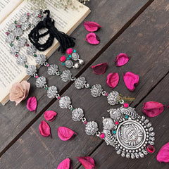 Vriksham Oxidized Silver Yakshagana Motif & Green Red Dot Peacock Detailing With Black Thread Neckpiece-S980