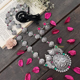 Vriksham Oxidized Silver Peacock Motif & Lakshmi Pendant With Black Thread Neckpiece-S985