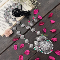 Vriksham Oxidized Silver Peacock Motif & Lakshmi Pendant With Black Thread Neckpiece-S985
