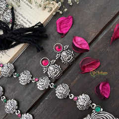Vriksham Oxidized Silver Peacock Motif & Lakshmi Pendant With Black Thread Neckpiece-S985