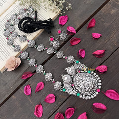 Vriksham Oxidized Silver Peacock Motif & Lakshmi Pendant With Black Thread Neckpiece-S985