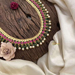 Exquisite Jadau Kundan Jalebi Neckpiece-White Green Pearls-J2468