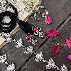 Vriksham Ganesha Pendant & Leaf Motif Chain Oxidized Silver With Black Thread Neckpiece-S986