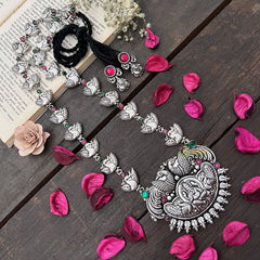 Vriksham Ganesha Pendant & Leaf Motif Chain Oxidized Silver With Black Thread Neckpiece-S986