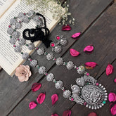 Vriksham Designer Dual Peacock & Lakshmi Oxidized Silver With Black Thread Neckpiece-S983