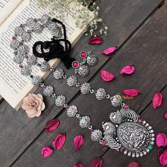 Vriksham Designer Dual Peacock & Lakshmi Oxidized Silver With Black Thread Neckpiece-S983