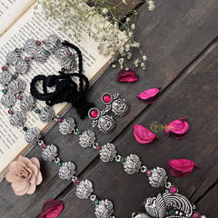 Vriksham Designer Dual Peacock & Lakshmi Oxidized Silver With Black Thread Neckpiece-S983