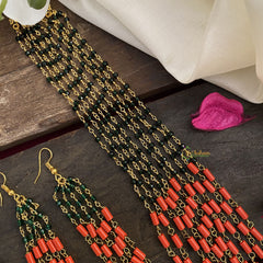 Vriksham Antique 10 layer Coral Bead & Dark Green Pearl Mala-G17009