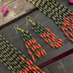 Vriksham Antique 10 layer Coral Bead & Dark Green Pearl Mala-G17009