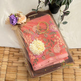 Blush Pink Sita Ramam Floral Embroider Cotton Saree & Gold-Plated Emerald Jewelry Gift Combo Set-Vriksham-G22597