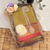 Light Olive Green Kanchi Cotton Saree & Gold-Plated Emerald Jewelry Gift Combo Set-Vriksham-G22598