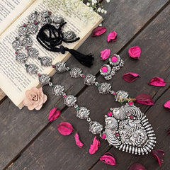 Vriksham Designer Krishna & Peacock Oxidized Silver With Black Thread Neckpiece-Red-S988