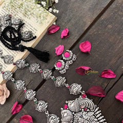 Vriksham Designer Krishna & Peacock Oxidized Silver With Black Thread Neckpiece-Red-S988