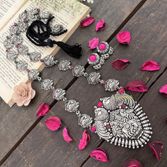 Vriksham Designer Krishna & Peacock Oxidized Silver With Black Thread Neckpiece-Red-S988