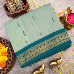 Vriksham Light Sky & Bottle Green Border With Butta Design Kalyani Cotton Saree-VS4960