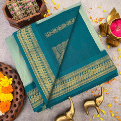 Vriksham Light Sky & Bottle Green Border With Butta Design Kalyani Cotton Saree-VS4960