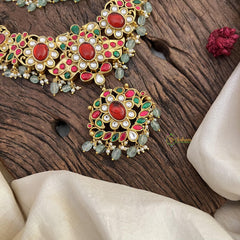 Jadau Kundan Pendant Short Neckpiece-Pastel Green Beads-J2474