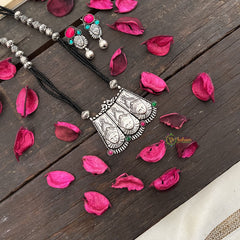 Vriksham German Silver Durga Maa Pendant Black Beaded Magalsutra-S990