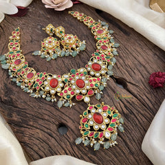 Jadau Kundan Pendant Short Neckpiece-Pastel Green Beads-J2474