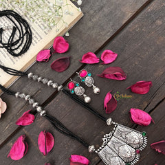 Vriksham German Silver Durga Maa Pendant Black Beaded Magalsutra-S990