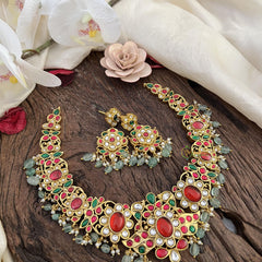 Jadau Kundan Pendant Short Neckpiece-Pastel Green Beads-J2474