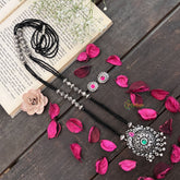 Vriksham Floral & Peacock Silver Oxidized Pendant With Black Beaded Magalsutra-S1003