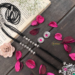 Vriksham Floral & Peacock Silver Oxidized Pendant With Black Beaded Magalsutra-S1003