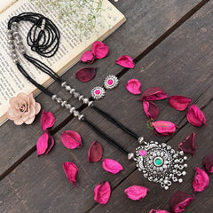 Vriksham Floral & Peacock Silver Oxidized Pendant With Black Beaded Magalsutra-S1003