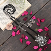 Vriksham Dual Peacock Floral Silver Oxidized Pendant With Black Beaded Magalsutra-S1004