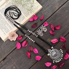 Vriksham Dual Peacock Floral Silver Oxidized Pendant With Black Beaded Magalsutra-S1004