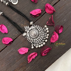 Vriksham Dual Peacock Floral Silver Oxidized Pendant With Black Beaded Magalsutra-S1004