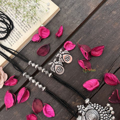 Vriksham Dual Peacock Floral Silver Oxidized Pendant With Black Beaded Magalsutra-S1004