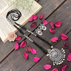 Vriksham Dual Peacock Floral Silver Oxidized Pendant With Black Beaded Magalsutra-S1004