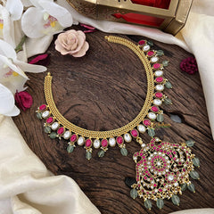 Premium Jadau Kundan Dual Peacock Pendant Neckpiece-J2485