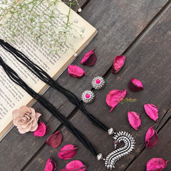 Vriksham Elegant Paisley Silver Oxidized Pendant With Black Beaded Magalsutra-S996