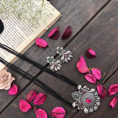 Vriksham Elegant Round Motif Oxidized Pendant With Black Beaded Magalsutra-S1009