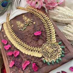 Vriksham Gold Look Alike Lakshmi Pendant Kaasumala-Pastel Green Bead-G18067