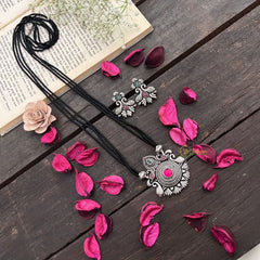 Vriksham Elegant Round Motif Oxidized Pendant With Black Beaded Magalsutra-S1009