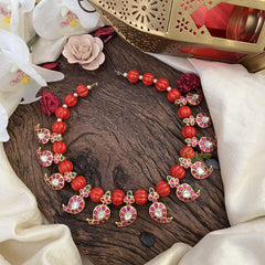 Red Bead Jadau Kundan Maanga Neckpiece-J2491