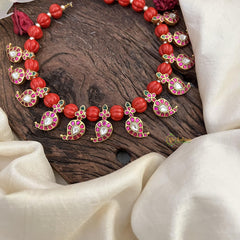 Red Bead Jadau Kundan Maanga Neckpiece-J2491