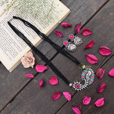 Vriksham Antique Peacock Feather Oxidized Pendant & Nath With Black Beaded Magalsutra-S1007