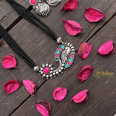 Vriksham Antique Peacock Feather Oxidized Pendant & Nath With Black Beaded Magalsutra-S1007