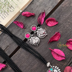 Vriksham Antique Peacock Feather Oxidized Pendant & Nath With Black Beaded Magalsutra-S1007