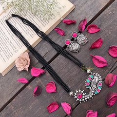 Vriksham Antique Peacock Feather Oxidized Pendant & Nath With Black Beaded Magalsutra-S1007