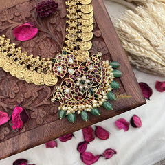 Vriksham Dual Maanga Kemp Stone Kaasumala-Lakshmi Coin Neckpiece-Pastel Green Bead-G18084